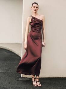 Uhlyne Robe longue élégante pour femmes, avec décoration métallique creuse en forme de larme, couleur unie évasée à la taille, pour occasions, automne