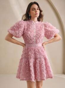 Anewsta 女士甜美优雅泡泡袖连衣裙，修身剪裁，高品质法式风格，适合春夏、情人节、生日等场合。 - 粉色 - 查看 6