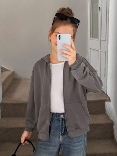 SHEIN Chaqueta con capucha de sudadera con cremallera y estampado de estrella en la espalda, holgada y casual, de urbana, de color gris ultra suelto, de manga caída para niña preadolescente