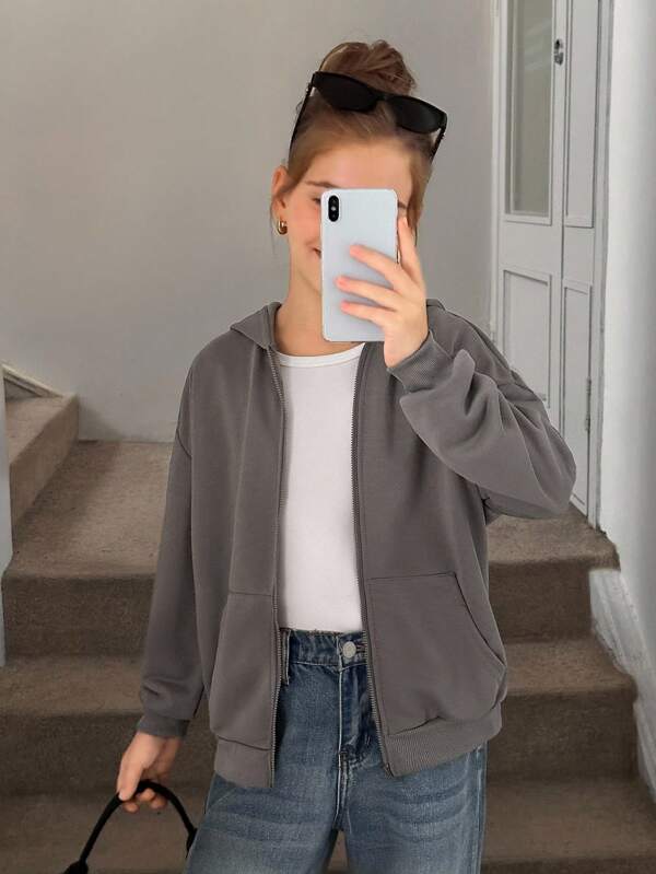 SHEIN Tween Girl Loose Casual Street Gray Ultra Loose Drop Shoulder Back Letter Star Print Hooded Zipper Sweatshirt Jacket,In Fall/Winter