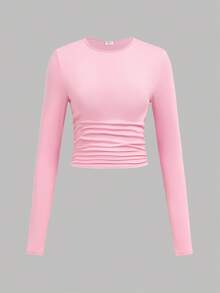 SHEIN Girlism Bộ 3 áo thun tay dài cổ tròn màu trơn cho bé gái tuổi teen - Hồng - Xem 5