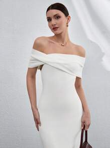 CLARA VERO Casual Off Shoulder Bardot Neckline Twist Detail On Neckline Maxi Back Slit Maxi Dress For Special Occasions,Petite - White - View 6