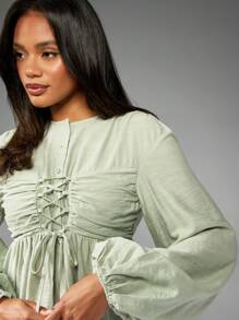 MISSGUIDED Long Sleeve Empire Waist Mini Dress Corset Style Ruched Front Party Cocktail Wedding Guest Spring Summer Fall Fashion