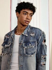 SWAVVY Men's Fashion Washed Distressed Frayed Denim Jacket, Emo Style - Blue - View 4