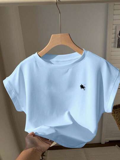 Comfortcana Camiseta de manga corta holgada de cuello redondo con estampado minimalista de caballo en color azul cielo, adecuada para el verano