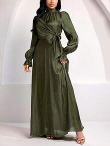 Veilorie 女士纯色立领长袖束腰优雅连衣裙 - 橄欖綠 - 查看 7