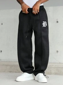 PAVTROS 男士字母印花抽绳腰袋宽松休闲运动裤 - 黑色 - 查看 3