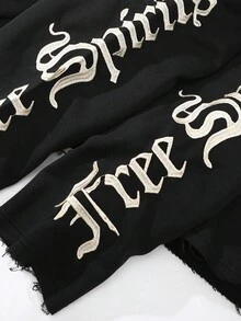 ROMWE MEN Goth 男士字母刺绣拉链连帽卫衣，街头美式风格设计，秋季 - 黑色 - 查看 7