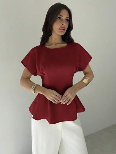 Firerie Women's Elegant Commuting & Vacation Vintage Style Graduation Season Everyday Versatile Apricot Yellow Bamboo Texture Fabric Round Neck Short Sleeve Gathered Waist X-Design Regular Shirt, Summer,Elegant Women's Blouses