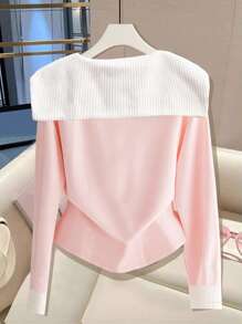 Franclia Women's Elegant Contrast Color Single-Breasted Lapel Long Sleeve T-Shirt Fall Cloth For Women