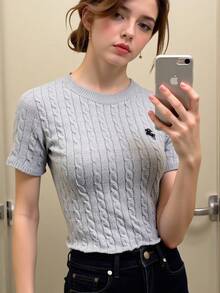 INAWLY Slim Fit Vintage Embroidered Cable Knit Short Sleeve Cropped T-Shirt - Grey - View 2