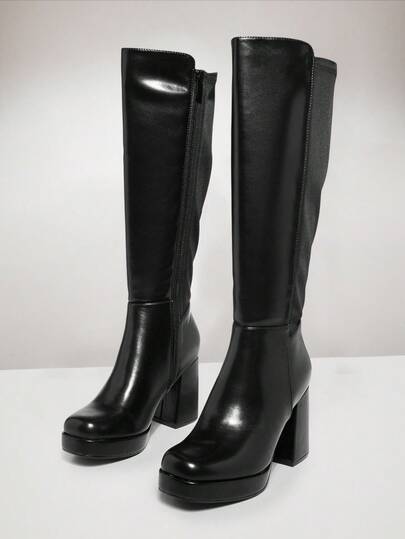 SHUZIA 女士时尚舒适粗跟及膝靴，黑色