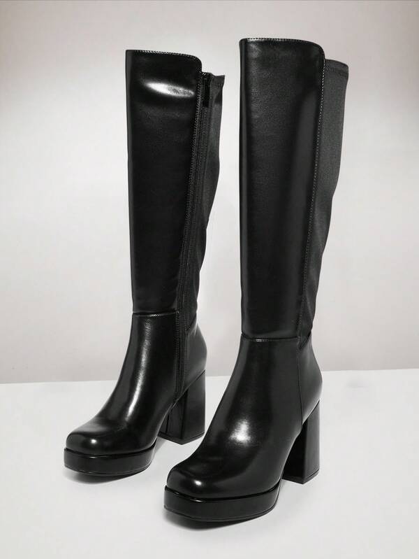 SHUZIA 女士时尚舒适粗跟及膝靴，黑色