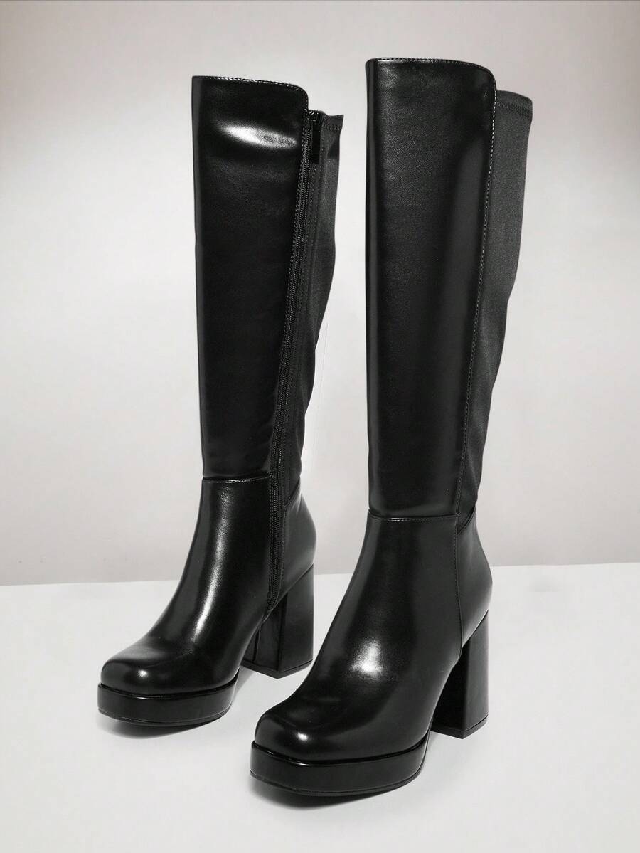 SHUZIA 女士时尚舒适粗跟及膝靴，黑色 - 黑色 - 查看 1