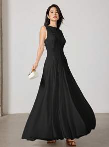 Heiryn 女式优雅纯色蕾丝拼布无袖连衣裙 - 黑色 - 查看 4