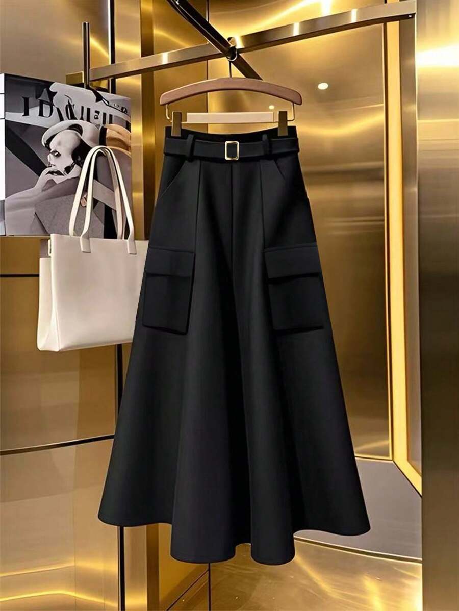 Lyxana Saia Elegante de Cor Sólida Feminina, Adequada para Uso Diário - Preto - Visão 1
