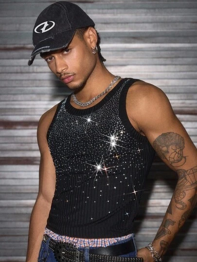 AXEPEAK Men's Rhinestone Decor Round Neck Slim Fit Tank Top