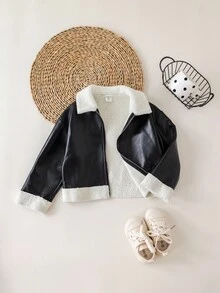 Young Girl Colorblock Thermal Lined Long Sleeve Jacket, Versatile For Autumn/Winter Fall - Black - View 7