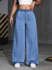 SHEIN PETITE 女士松紧腰直筒宽松休闲牛仔裤 - 淺色水洗藍 - 查看 4