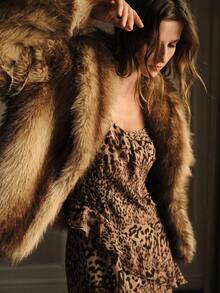 MOTF PREMIUM Cappotto oversize con collo scialle in pelliccia sintetica, spalle a caduta, autunno inverno - Caffè Marrone - Visualizzare 2