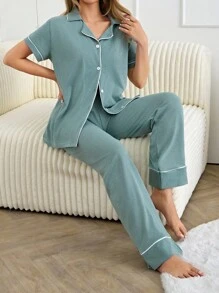 RueChic 女士绑带细节短袖长裤家居睡衣套装 - 藍色 - 查看 4