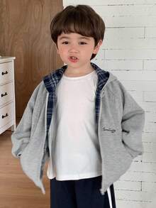 DAZY Kids Fall Clothes, Young Boys Thermal Lined Jacket, Patchwork Plaid Hooded, Casual Loose Fit, Letter Print, Minimalist Style, Autumn