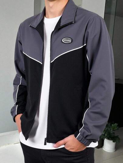 SHEIN Teen Boys' Casual Bomber Jacket Comfortable Versatile Colorblock Stand Collar Jacket, Suitable For Autumn, Winter, Outdoor, Back To School, Sports Fall Autumn And Winter