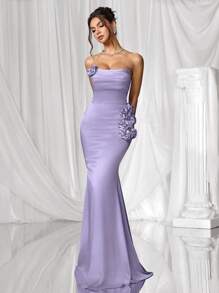 Coutiva 优雅性感褶皱抹胸下摆手工花朵设计美人鱼下摆晚礼服，适合婚礼宾客、生日派对、晚宴、鸡尾酒会、毕业典礼 - 紫色 - 查看 8