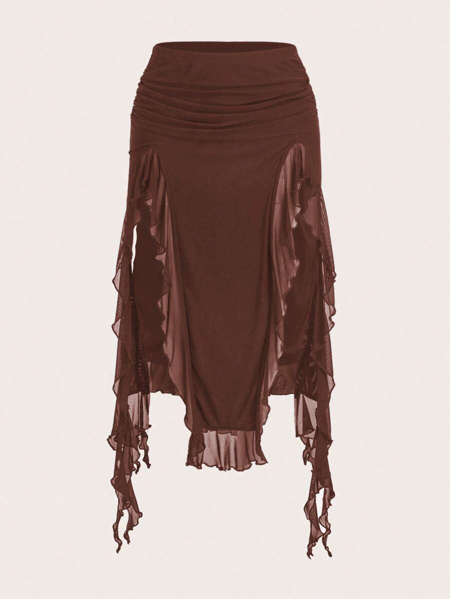 SHEIN ICON Váy xòe xẻ tà cao màu trơn thời trang mùa hè - màu nâu - Xem 1