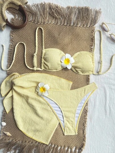 Swim Vcay Conjunto de bikini de 3 piezas con textura de tela, decoración floral, espalda descubierta, lazo, sexy y dulce, de estilo casual en color crema y amarillo, adecuado para la playa y vacaciones