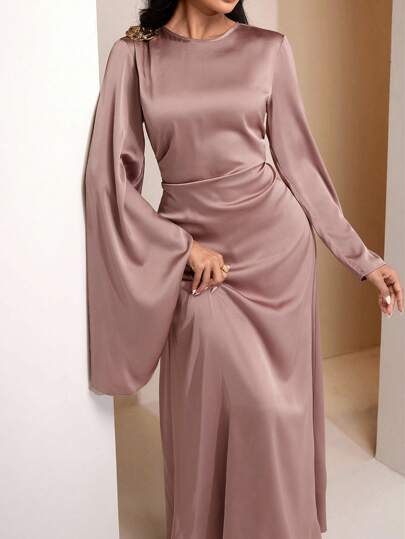 Veilorie Women's Solid Color Minimalist Round Neck Long Sleeve Dress, Casual Everyday Wear