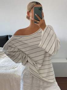 DAZY 女式条纹不对称领口宽松休闲街头风格T恤秋季上衣 - 黑與白 - 查看 2