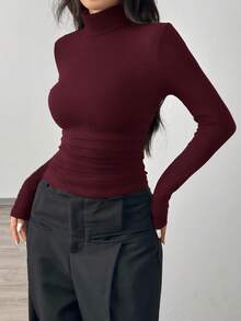 SHEIN EZwear Encore 红色针织高领紧身长袖T恤女款长袖上衣高领上衣，红色紧身上衣 - 酒紅色 - 查看 8