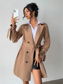 SHEIN Tall 女士棕色翻领双排扣口袋系带中长款休闲宽松时尚优雅百搭办公室风衣女士风衣卡其色风衣女士风衣配腰带 - 卡其色 - 查看 5