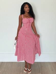 Alexandranx Váy kẻ caro dây ngang bắp chân cho nữ, thời trang và phù hợp cho mùa hè - Đỏ và trắng - Xem 5