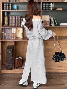 DAZY Women's Casual Ruffled Shoulder & Skirt 2 Pieces Set, Spring/Autumn Off Shoulder Top - Grey - View 2