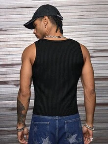 AXEPEAK 男士水钻装饰圆领修身背心 - 黑色 - 查看 2