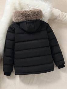 1 pieza Parka con capucha acolchada de ajuste holgado, forrada térmicamente, de color negro, para adolescentes, adecuada para otoño/invierno, uso al aire libre, viajes, escuela y diversas ocasiones - Negro - Ver 2