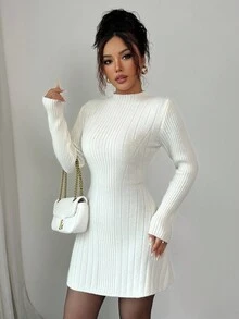 Elenzga 女式罗纹高领长袖紧身 A 字连衣裙，修身收腰 - 杏色 - 查看 3