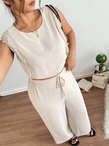 SHEIN Frenchy Damen Große Größen Spitze Patchwork Flügelärmel Lässig 2-Teiler Set, modischer Lässig stil für den Alltag, marineblau Ausgehsets