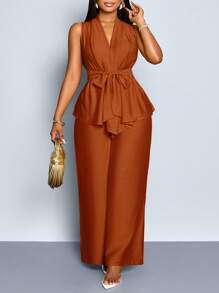 SOLERSUN Plus Size Summer Casual Commuter Solid Color Tank Top And Pants 2 Pieces Set - Rust Brown - View 3