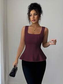 Elenzga Áo nữ không tay cổ vuông thanh lịch, xẻ tà phía trước, thích hợp cho công sở, đi làm, tiệc trà chiều, dự tiệc, du lịch, mặc thường ngày, mùa xuân/hè. - Màu Tím - Xem 5