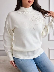 EURMUSE 大码休闲冬季花朵水钻闪亮细节舒适毛衣 - 杏色 - 查看 1