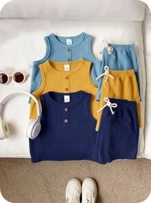 SHEIN 6件套男婴可爱休闲针织上衣和短裤套装，夏季基本款服装 - 藍色 - 查看 1
