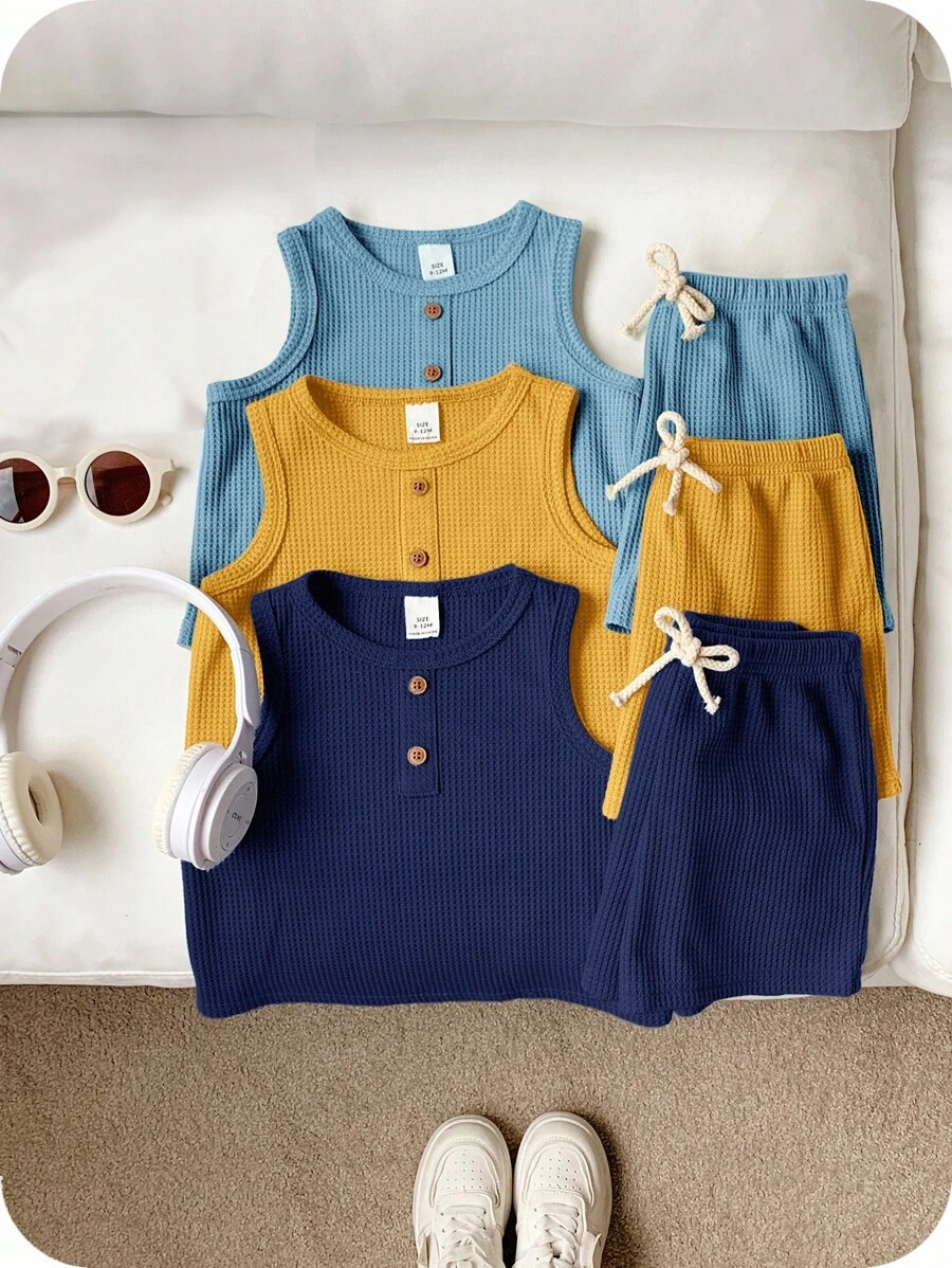 SHEIN 6件套男婴可爱休闲针织上衣和短裤套装，夏季基本款服装 - 藍色 - 查看 1
