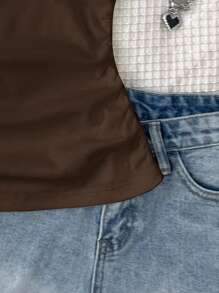 SHEIN Atasan Tank Top Kasual Putih Polos Bergaris untuk Remaja Perempuan dengan Kancing Logam dan Model Racerback Atasan Cokelat untuk Remaja Perempuan - Coklat - View 6