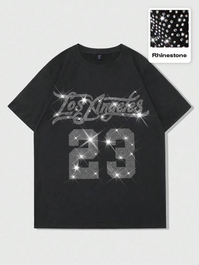 Street Life Men's Black Letter English Rhinestone Graphic Casual T-Shirt