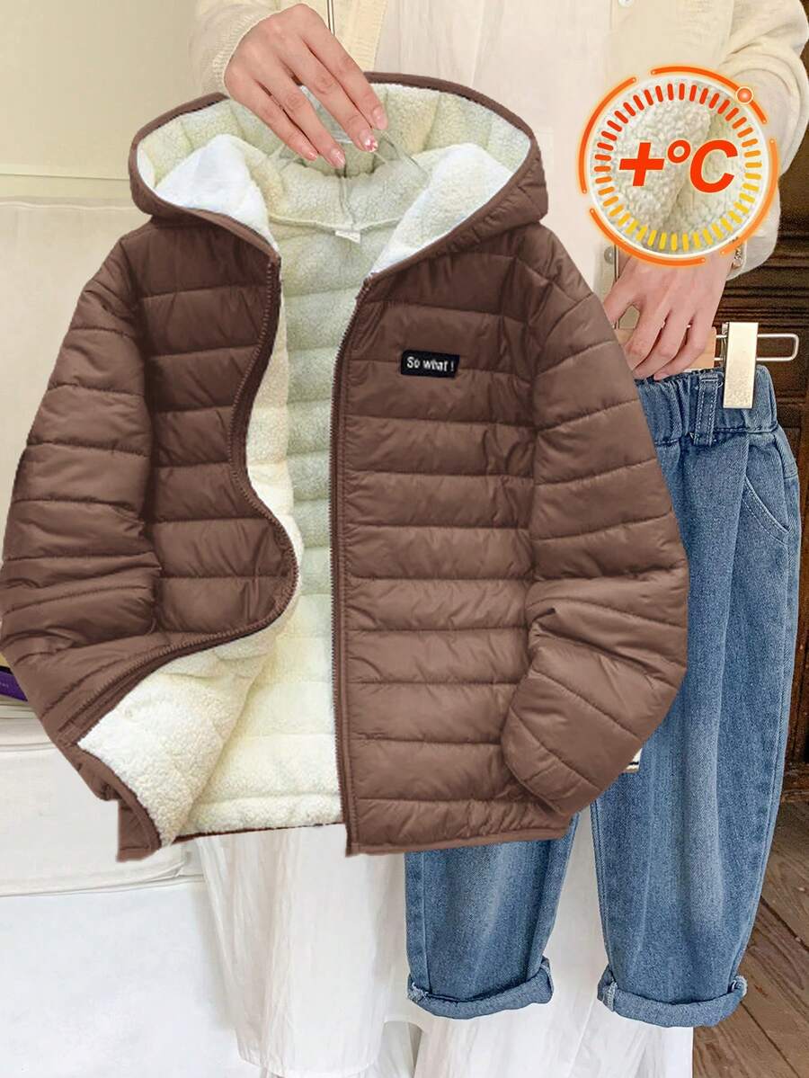 SHEIN Tween Boy Casual Hooded Zip-Up Long Sleeve Woven Winter Parka Coat, Suitable For Commuting, School, Casual, Travel, Sports, Autumn/Winter, Brown;Boys Winter Clothes;Boys Fall Clothes - Brown - View 1