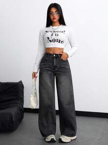 SHEIN ICON 大码女式时尚休闲百搭宽松牛仔裤 - 深灰色 - 查看 6