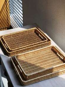 SHEIN 3PCS/2PCS/1PC 复古编织托盘带手柄，面包篮，零食、蔬菜、水果、甜点储物篮，适用于桌面、客厅、阳台、野餐、家居收纳和装饰性收纳托盘 - 咖啡棕 - 查看 3